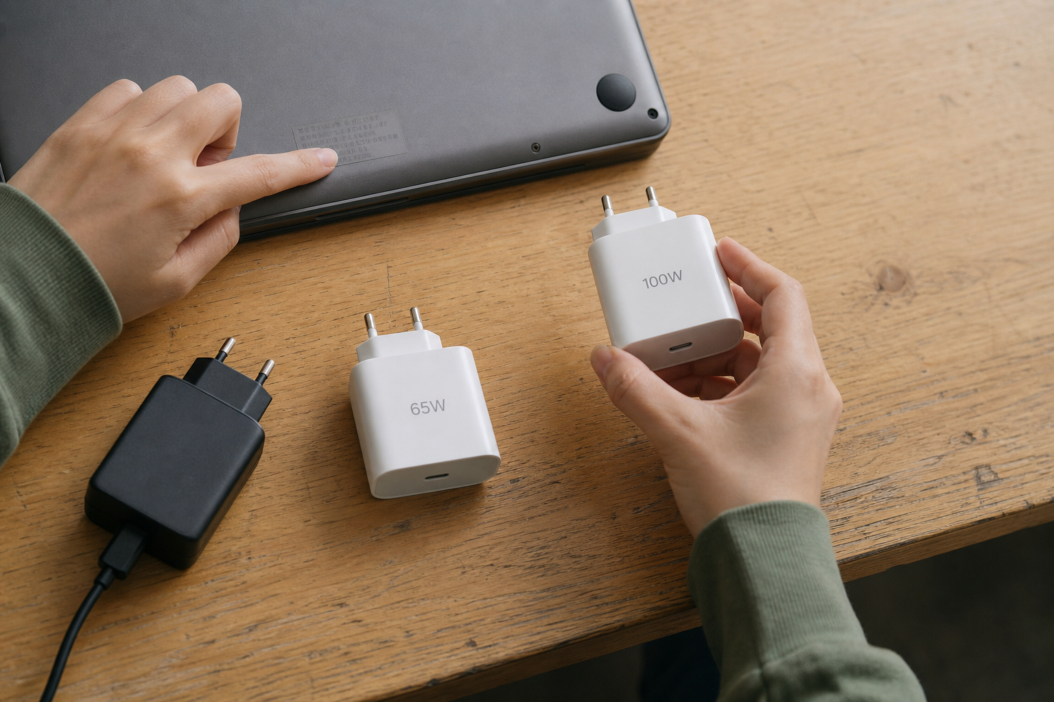 노트북 기존 어댑터 라벨과 65W·100W USB-C 충전기 출력을 비교하는 모습