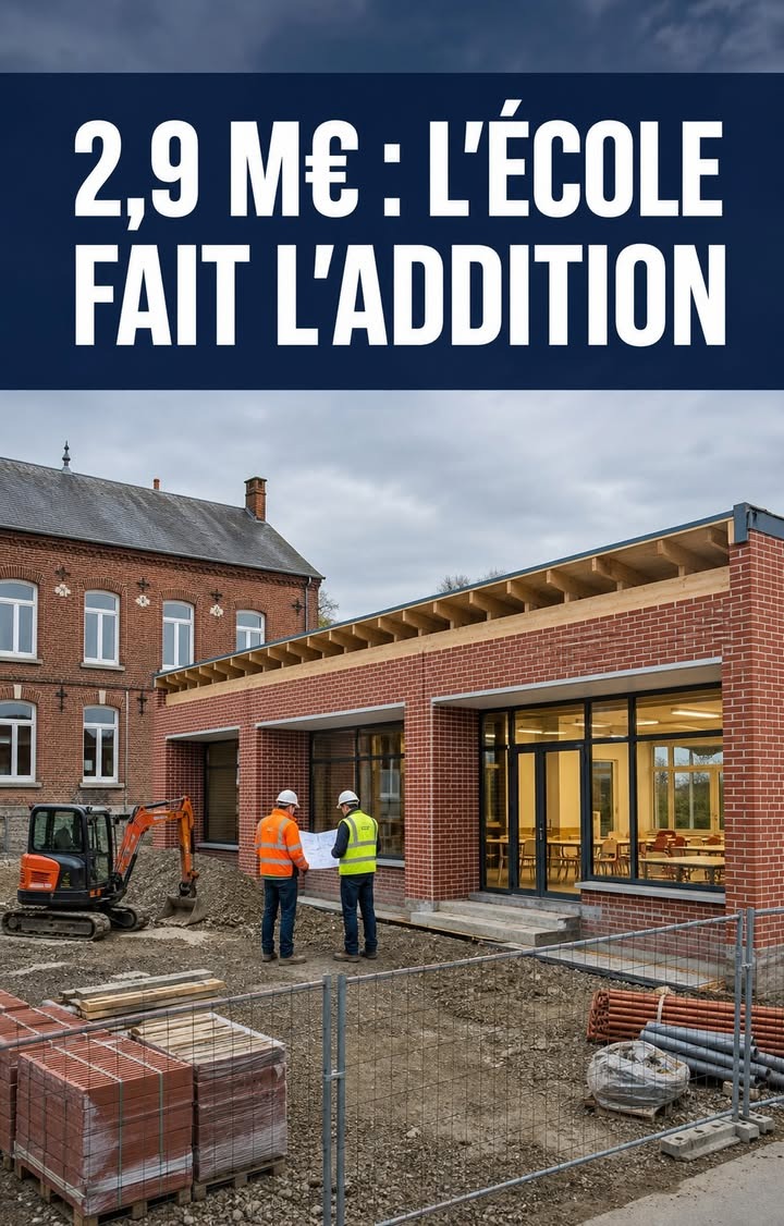 Deux ouvriers en gilets haute visibilité consultent des plans devant une construction en brique rouge, avec une pelouse, des matériaux et une petite pelouse à gauche.
