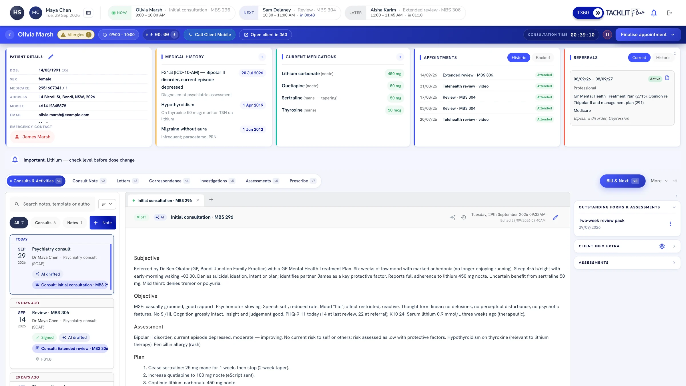 Tacklit Flow consult workspace showing a client's patient details, medical history, current medications, appointments and referrals in one view