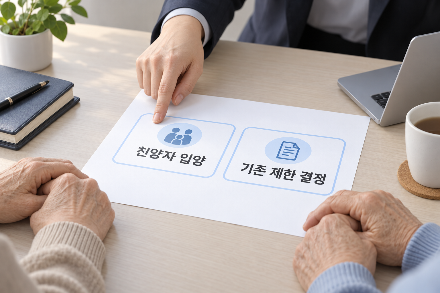 친양자 입양과 기존 제한 결정 유무를 먼저 확인하는 상담 준비 장면