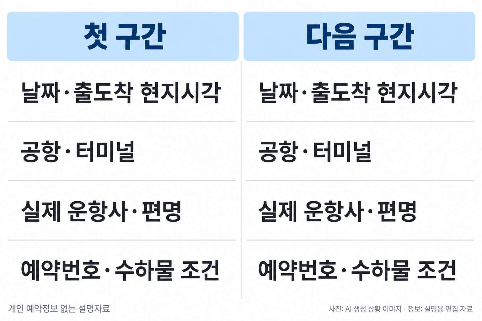 첫 구간과 다음 구간을 큰 두 열로 비교. 공통 확인은 네 묶음만: 날짜·출도착 현지시각 / 공항·터미널 / 실제 운항사·편명 / 예약번호·수하물 조건. 작은 여러 빈줄 대신 큰 항목. 개인 예약정보 없이 설명자료 표시.