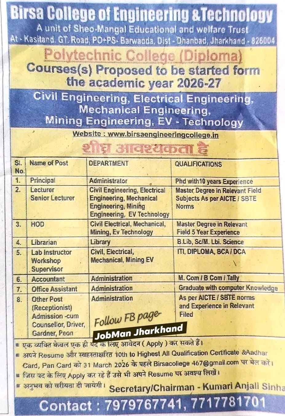 Birsa College Dhanbad Recruitment Advertisement