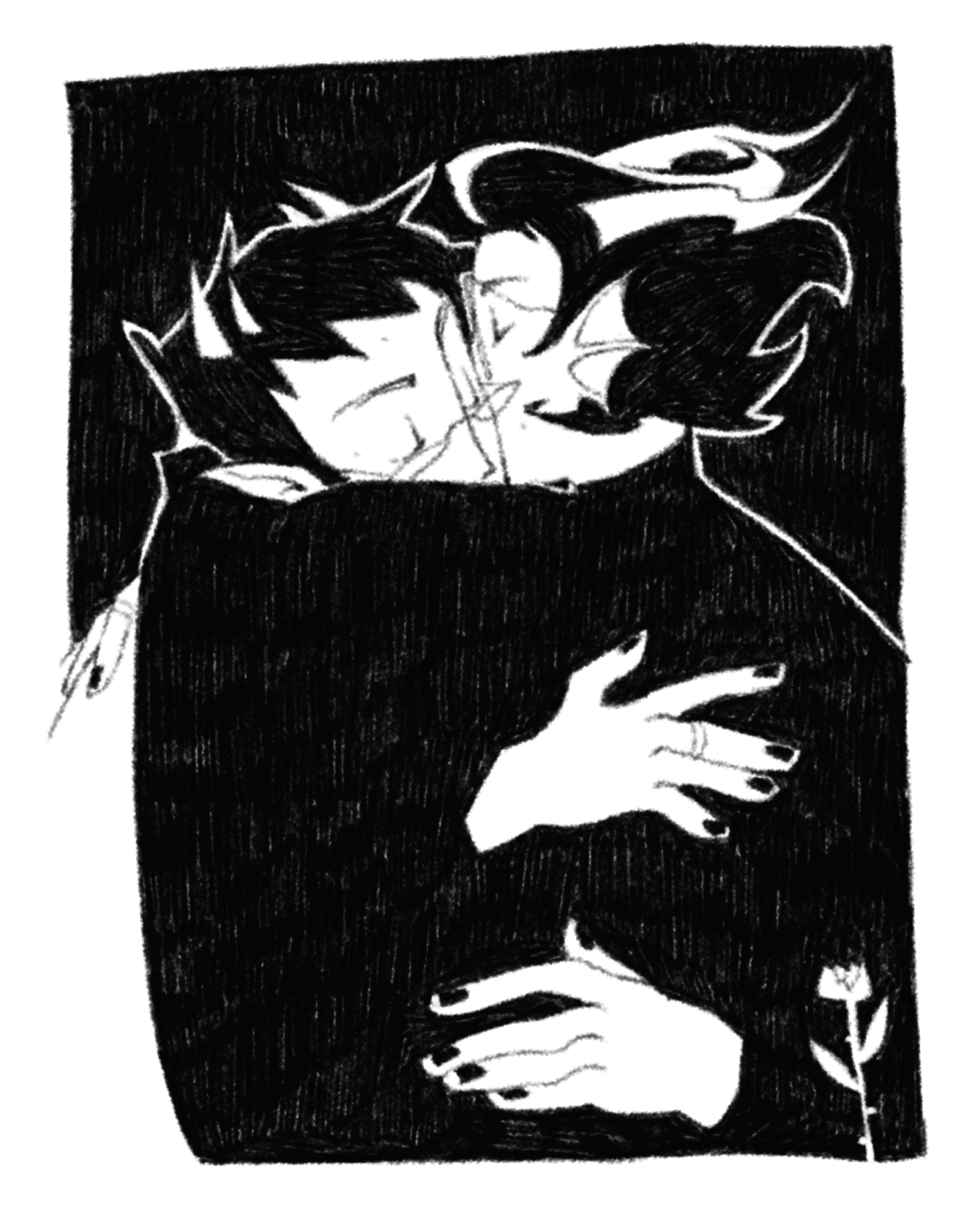 Drawing in black and white by Grriib on Tumblr of Eridan Ampora and Sollux Captor from Homestuck hugging, both have their eyes closed. In the bottom right of the drawing is a flower.