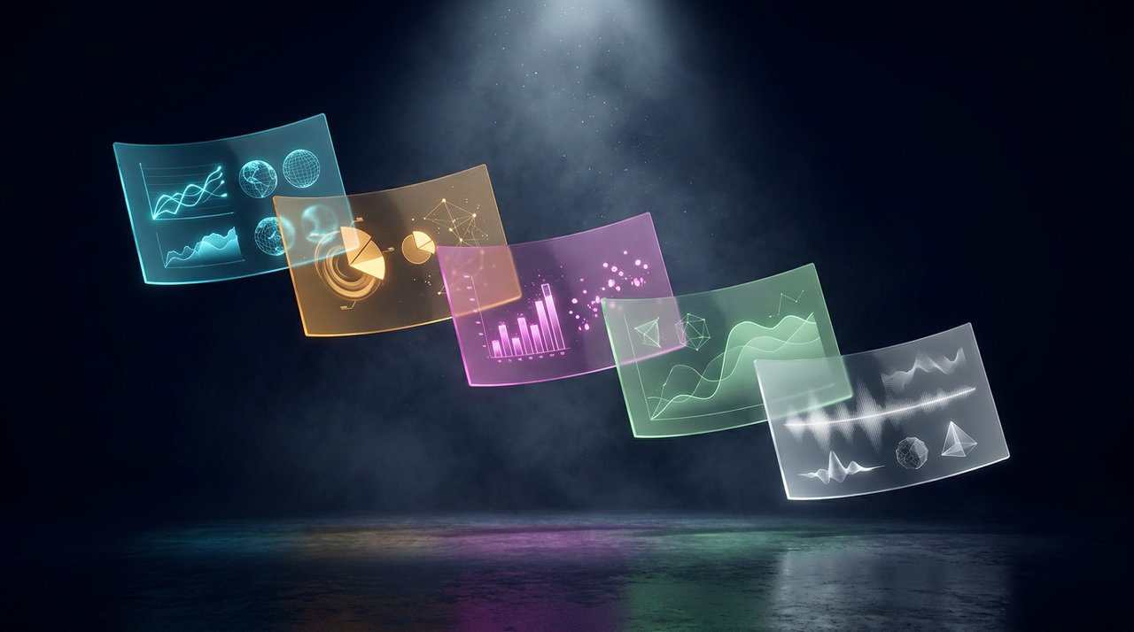 Five cascading presentation slides — different colors representing different deck templates