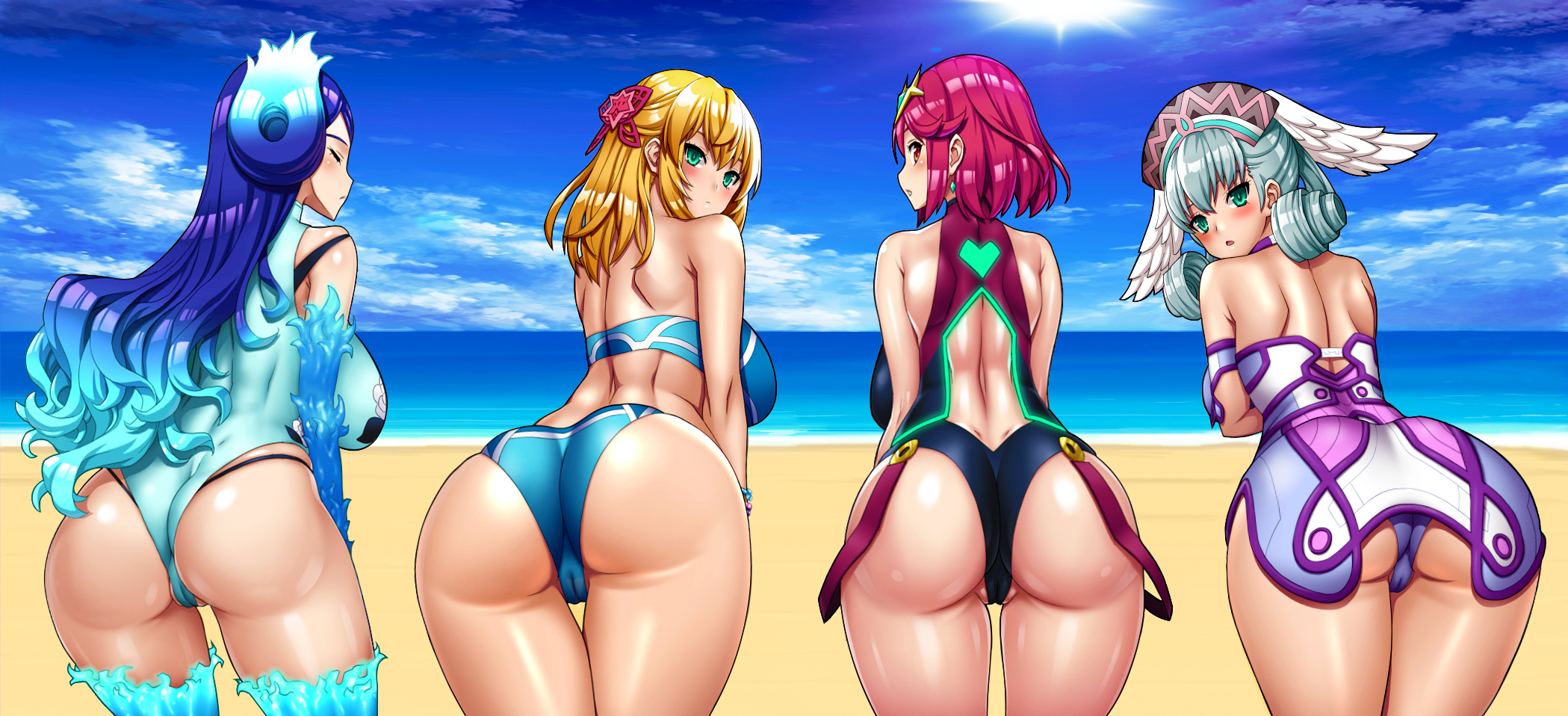 Fiora, Pyra, Melia & Brighid on the Beach (Onomesin) [Xenoblade Chronicles 2]