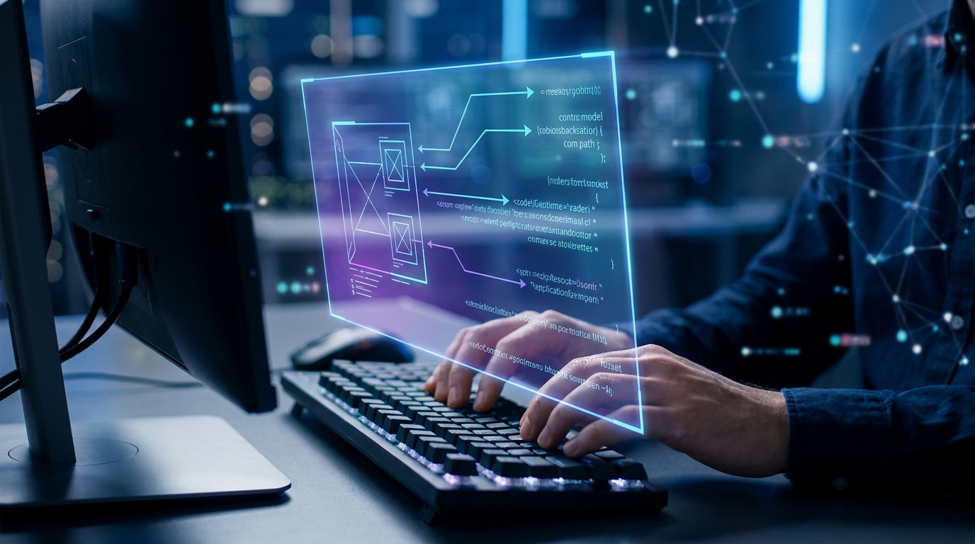 A developer typing code with a holographic overlay of structured prompts, illustrating the impact of prompt engineering on AI performance.