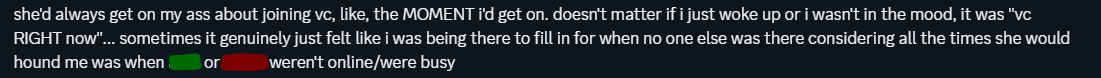 a statement from a mutual friend about her constantly forcing him to hang out with her while me and chem were gone or if she had no one else to talk to