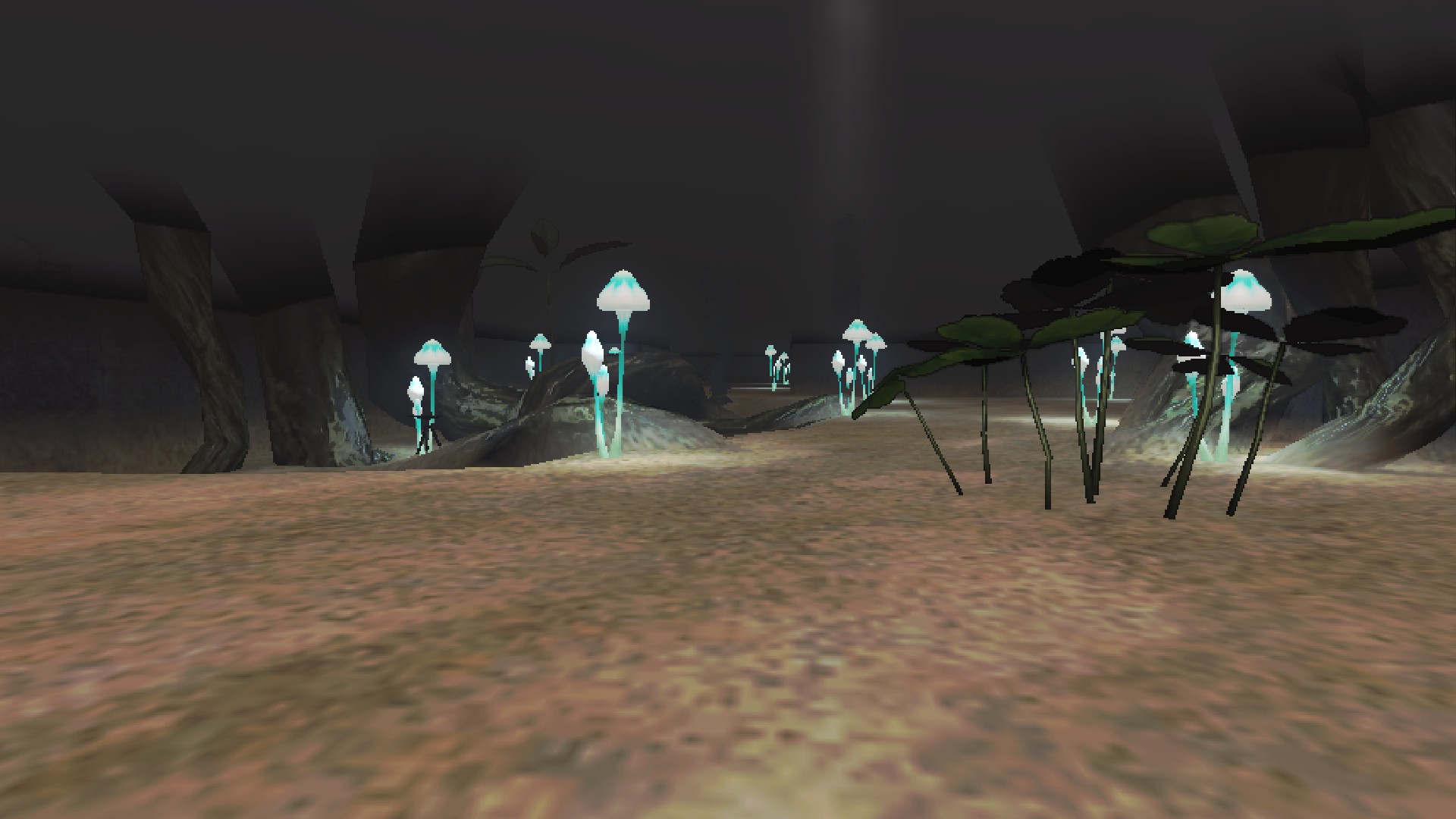 A room with large wooden roots and several glowstems, and a clover.