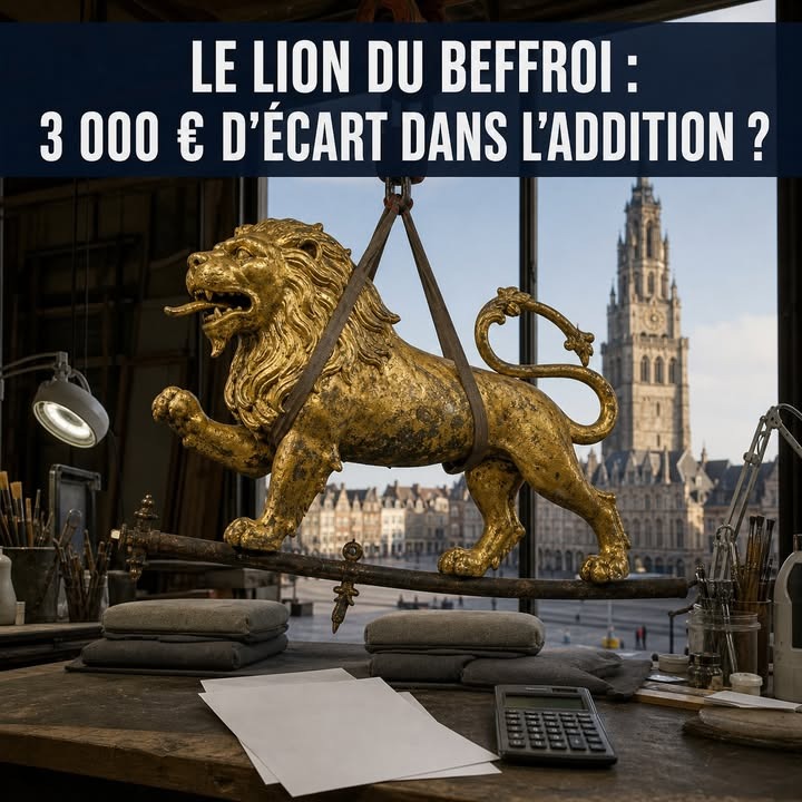 Un lion doré suspendu par des sangles sur un banc d'atelier, avec des pinceaux, des papiers et une calculatrice devant, et une cathédrale visible à travers la fenêtre.