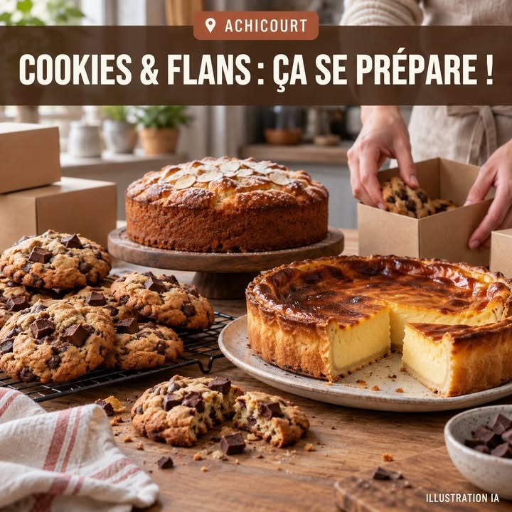 Cookies au chocolat, flan caramélisé et cake sur table en bois, avec des mains rangeant des boîtes.