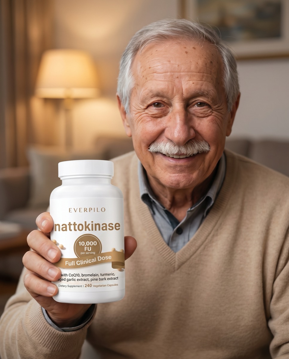 A verified Everpilo Nattokinase customer holding his bottle at home