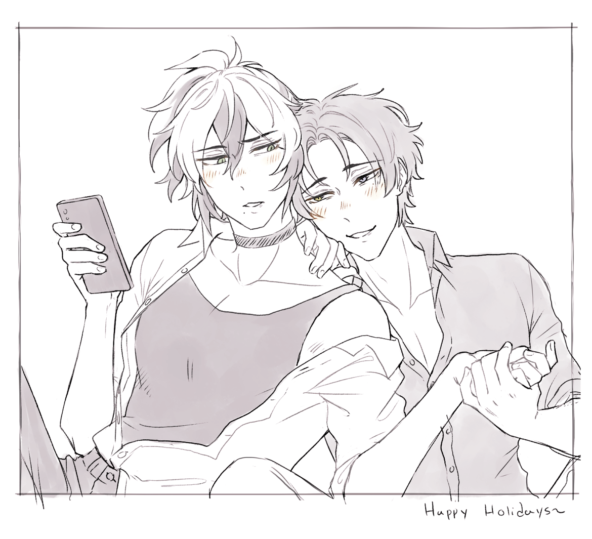 Rei and Kuya sitting down together. Rei is holding a phone and Kuya is grabbing at Rei's neck and hand trying to get his attention.