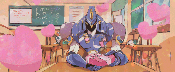 A robot boy giving a heart-shaped chocolate to you.