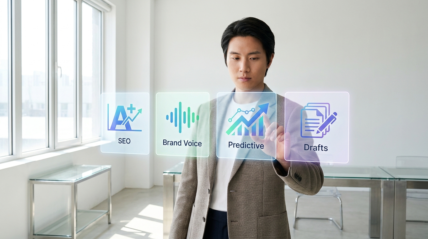 Person evaluating different AI writing tools with features like SEO, brand voice, and predictive scoring.