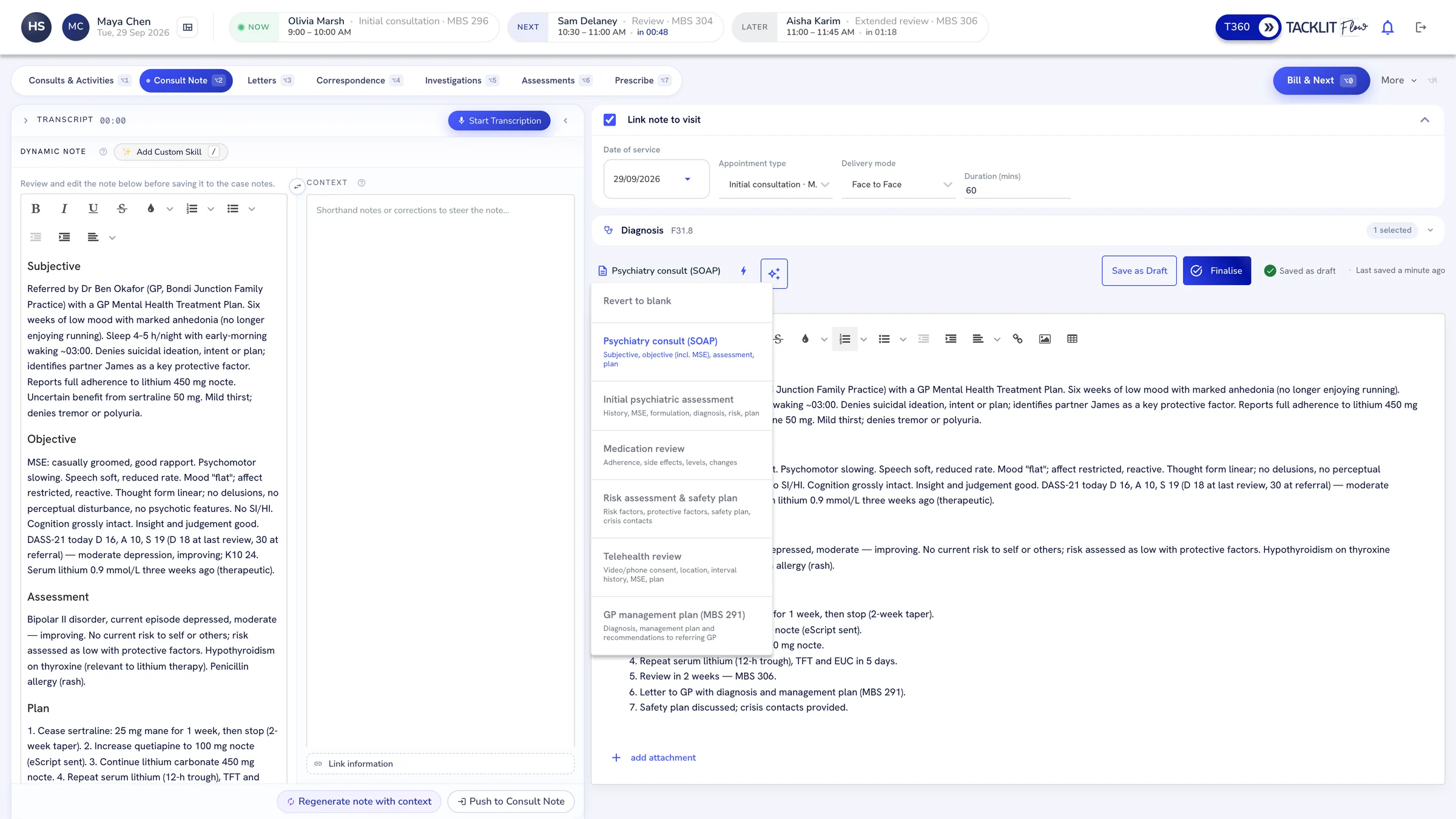 Flow Consult Note tab with an AI drafted SOAP note and the template picker open, listing templates such as Psychiatry consult (SOAP), Initial psychiatric assessment and Medication review