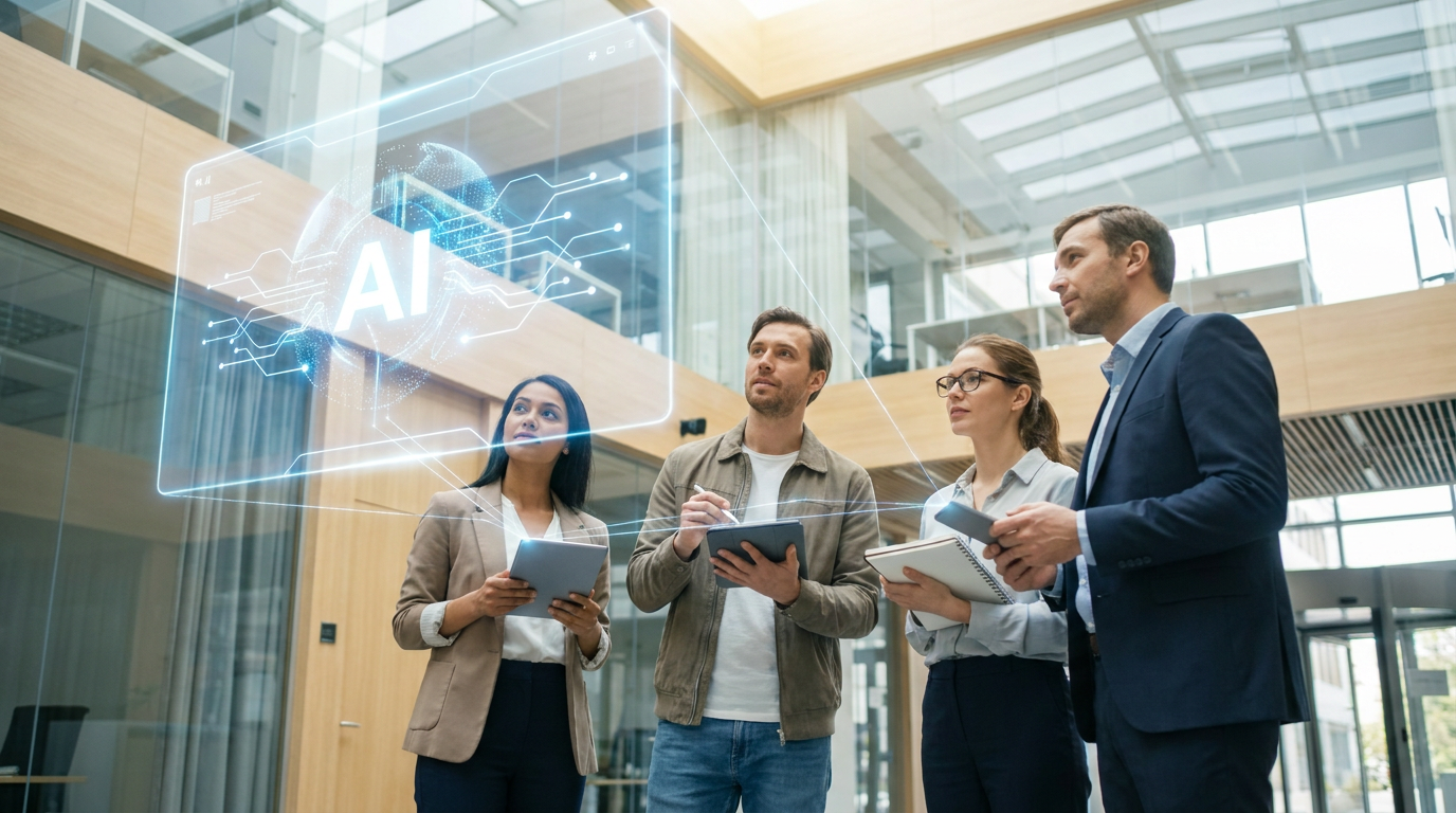 Diverse professionals watching a futuristic AI presentation tool create slides with glowing elements.