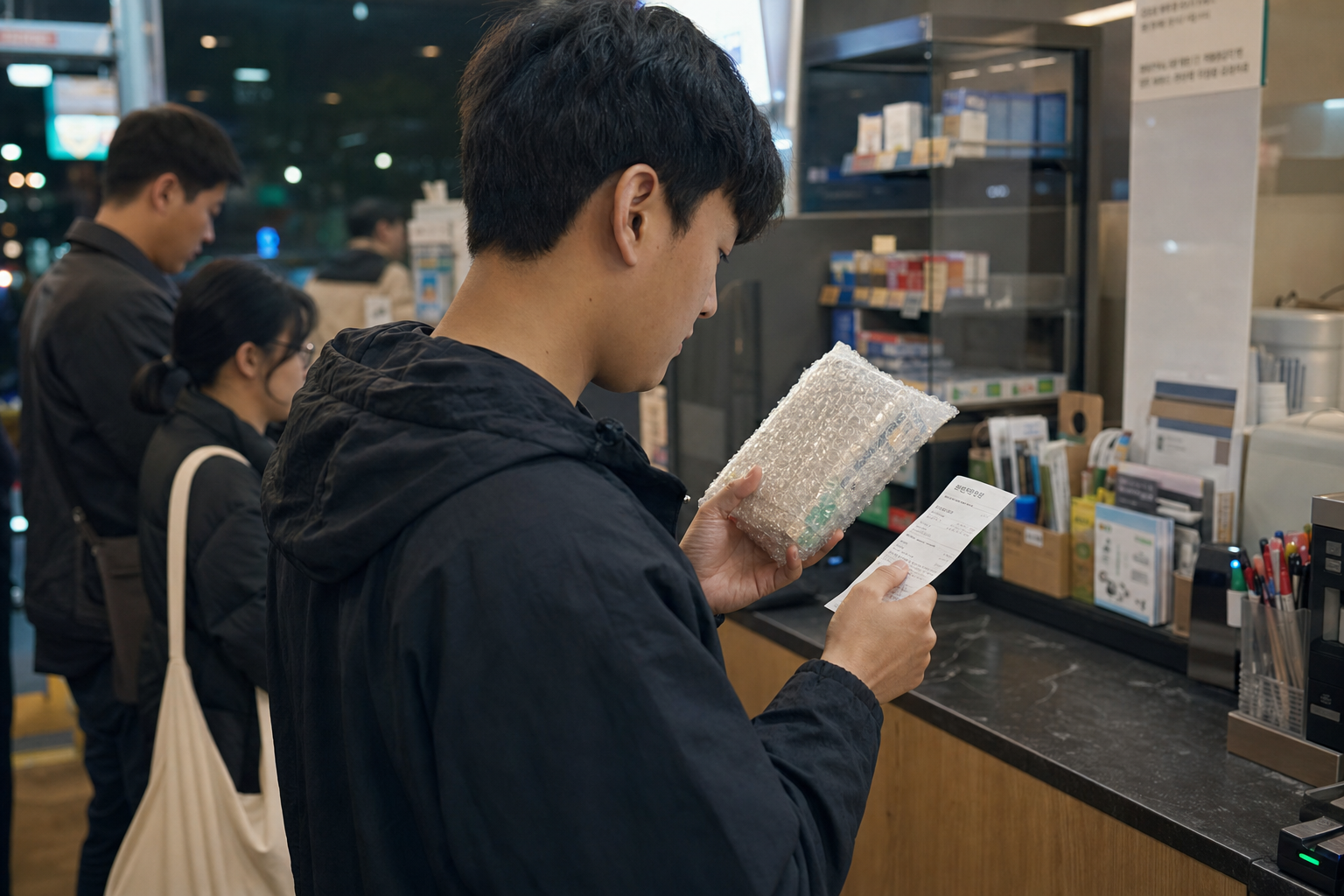 직접 중고판매 배송비와 거래비용을 확인하는 편의점 택배 장면