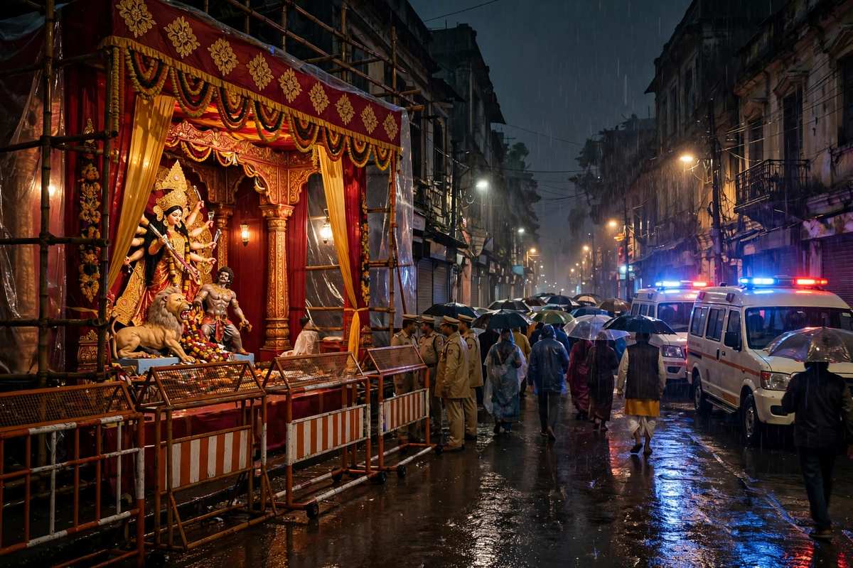 कोलकाता में दुर्गा पूजा पंडाल के बाहर बारिश में एम्बुलेंस और पुलिस बैरिकेड