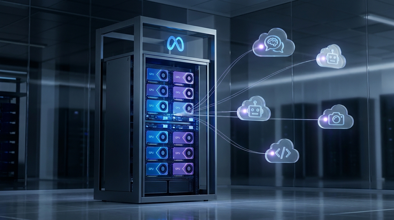 Stylized data center with glowing GPUs and integrated Meta logo, symbolizing Meta Compute's reach