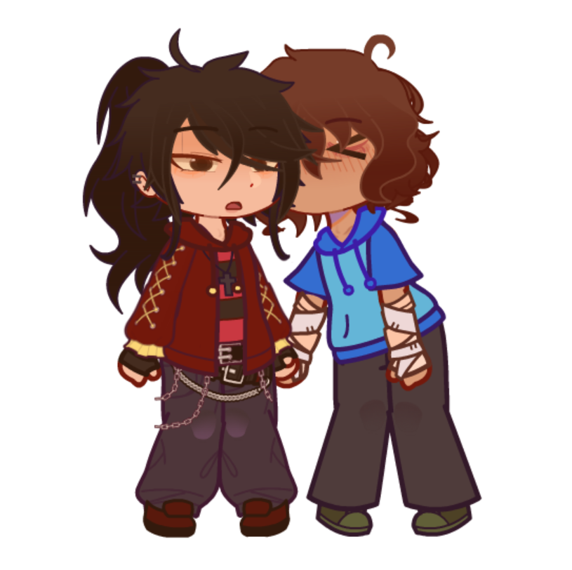 my ocs Zach and Seamus in gacha club. but seamus is kissing zachs cheek and zach looks surprised