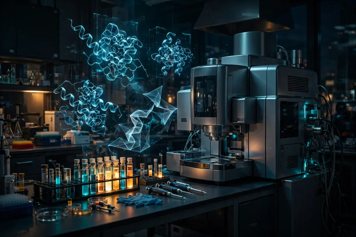 Proteomics laboratory with mass spectrometer and protein holograms