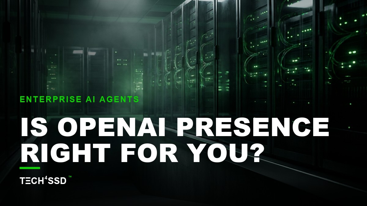 Futuristic office environment with glowing data streams, representing secure OpenAI Presence AI agent integration into business workflows.