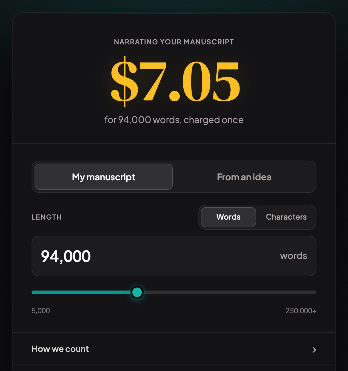 Priced by length: $0.75 per 10,000 words, so a 94,000-word novel is $7.05.