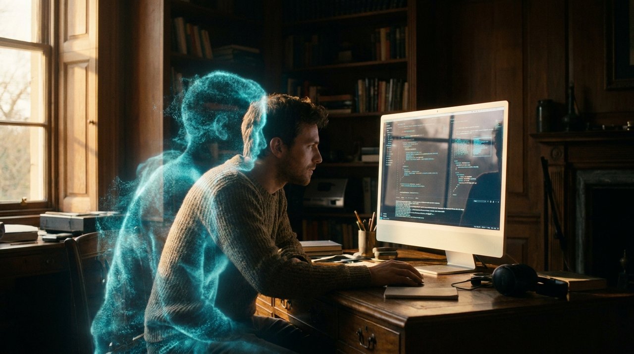 A human developer and a glowing translucent AI figure working side by side at a shared desk