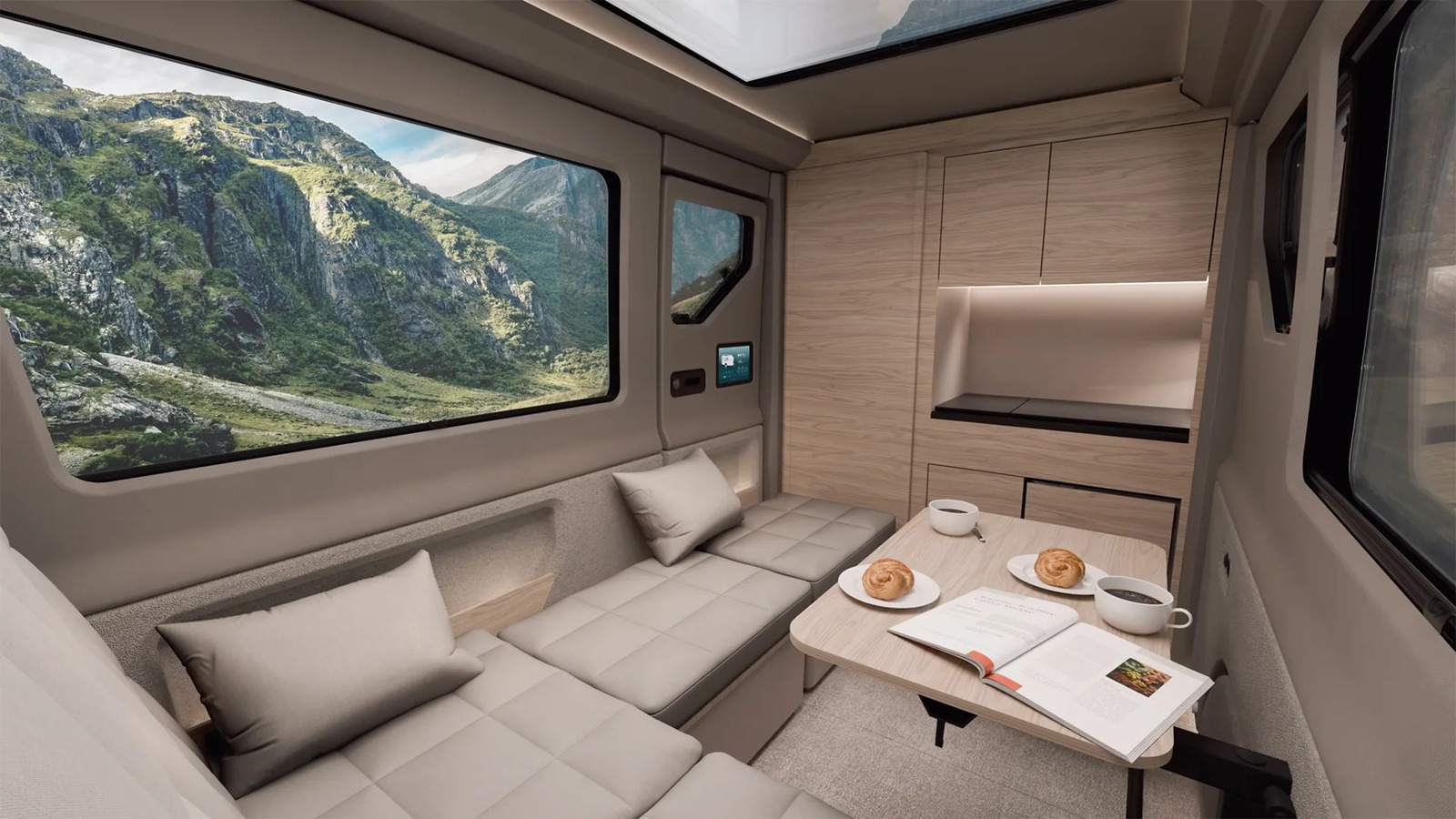 Karoo Camper 模組化座椅、餐桌與全景窗組成的官方內裝圖
