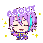 rui kamishiro from project sekai grinning with his eyes closed and the word "ABOUT" above him in large purple letters