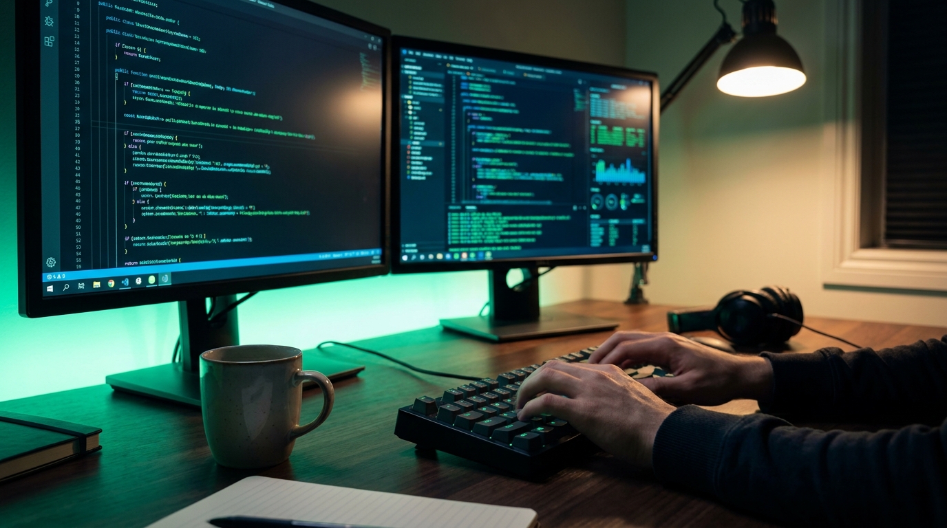 A developer working on code at night, screens showing Kimi K3 integration.