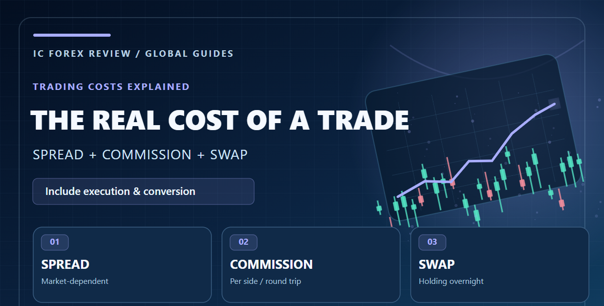 IC Markets total trading costs infographic illustrating spread commission swap and execution effects