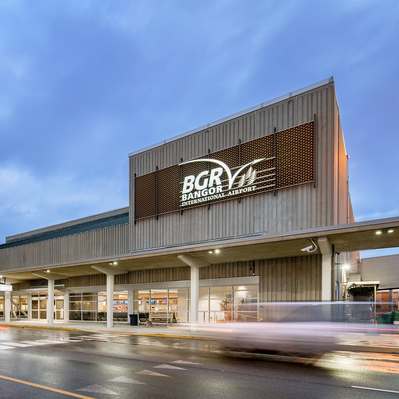 Image of the exterior of BGR in the evening.
