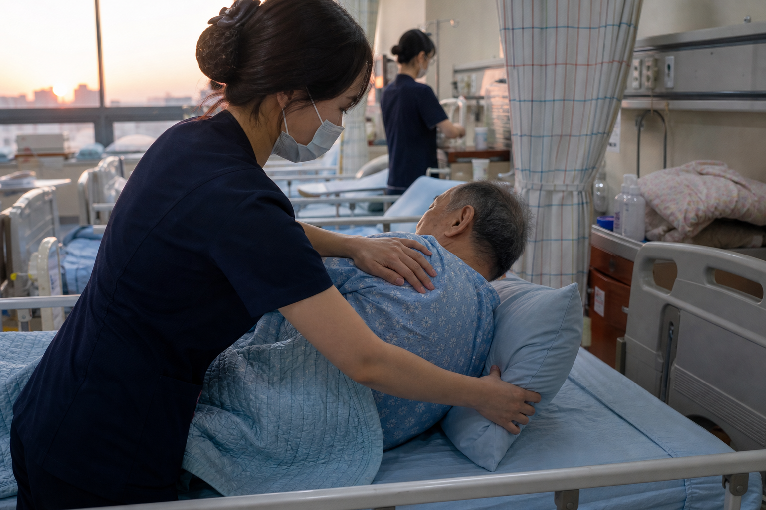 병실에서 간호인력이 환자의 입원생활을 돕는 장면