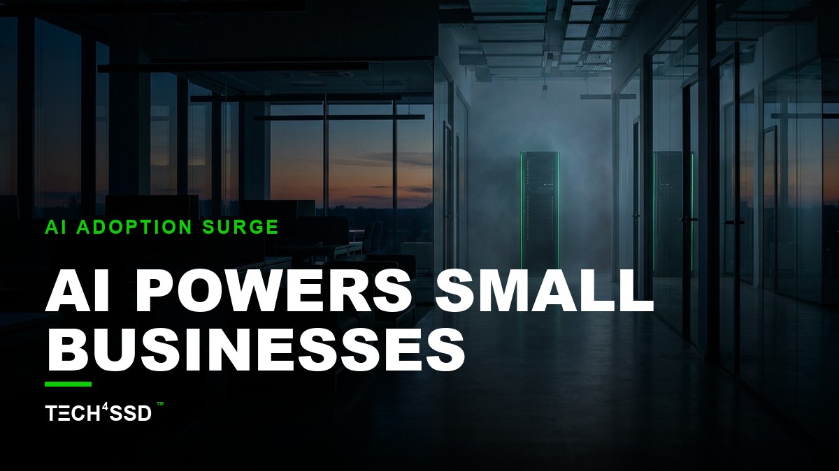 A small business owner confidently interacting with multiple interconnected AI-powered interfaces, glowing icons for marketing, customer service, and finance, set in a modern office, showcasing AI tools for small business.