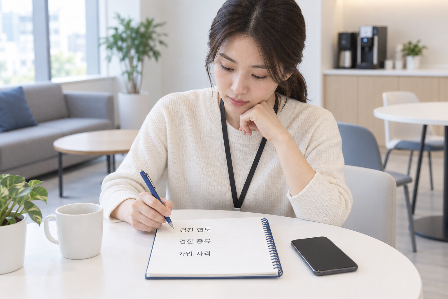 공단 문의 전에 검진 연도와 종류, 가입 자격을 준비하는 설명용 장면