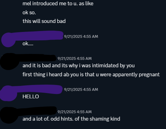 a conversation between 2 mutual ex friends of melody's, with one admitting that they were intimidated by the other because melody had started rumors about her being pregnant