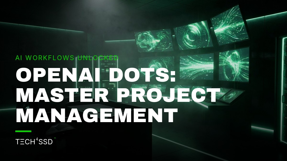 Futuristic control panel with glowing nodes representing OpenAI Dots AI agents collaborating on project management tasks.