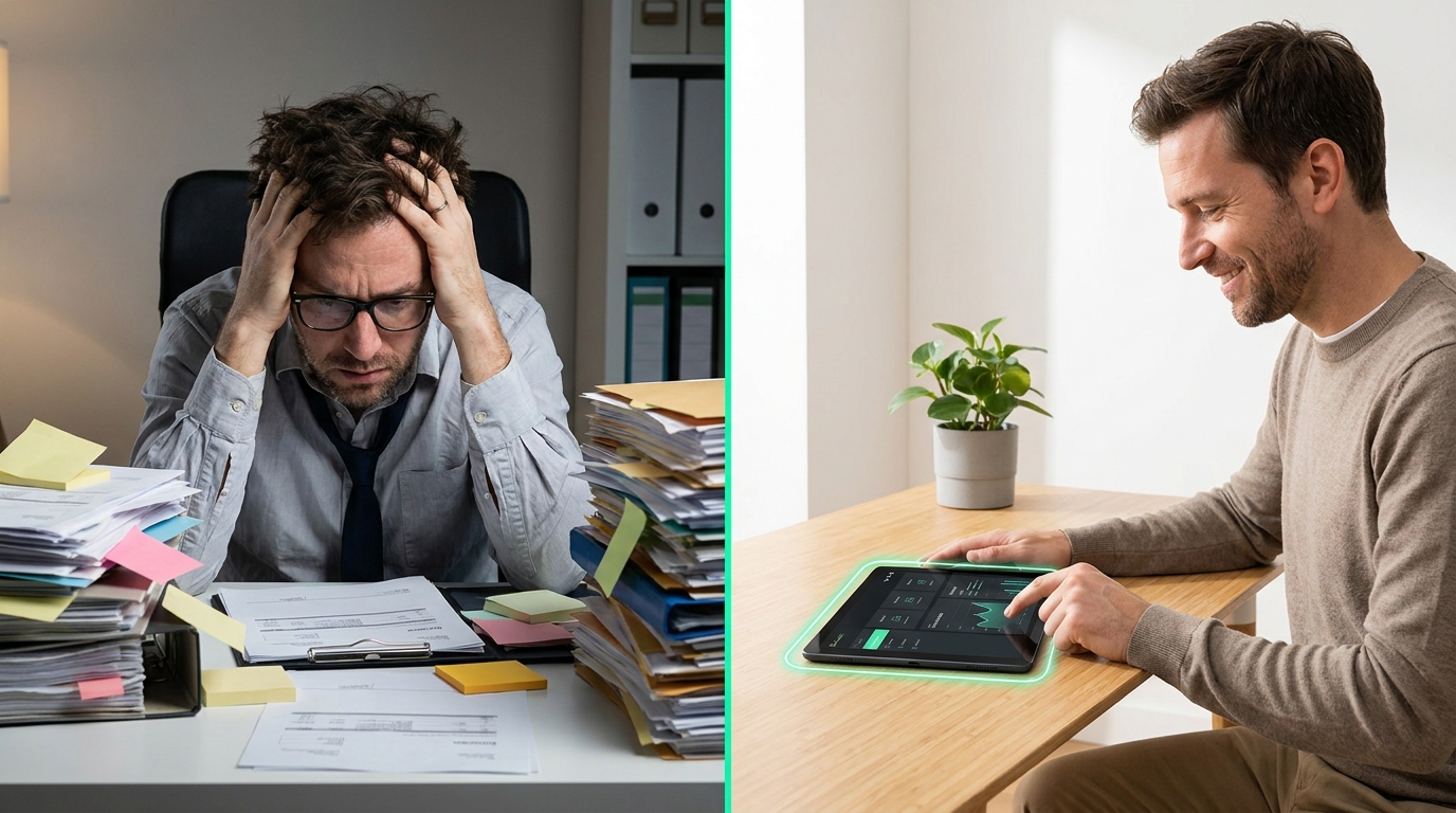 Stressed small business owner vs. relaxed owner using AI tools for efficiency.