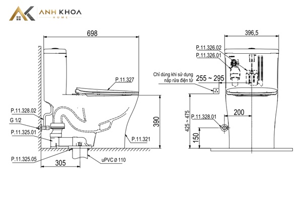 Bản vẽ kỹ thuật bồn cầu 1 khối Viglacera Platinum P.11.321