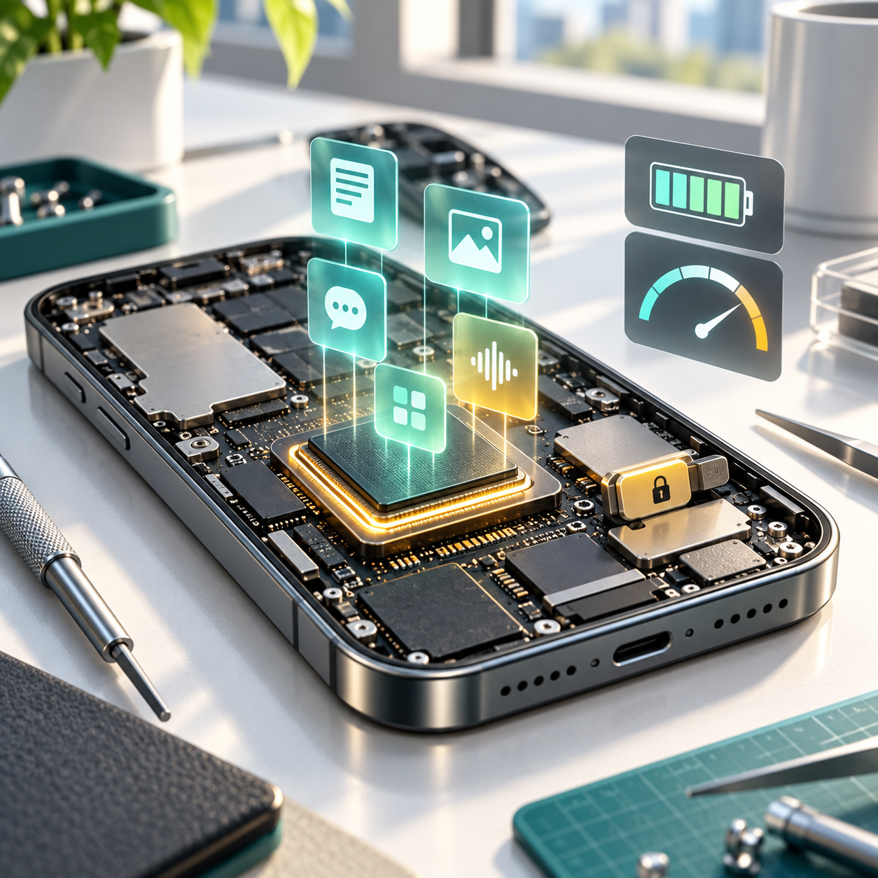 Editorial illustration: on-device AI staying inside the phone
