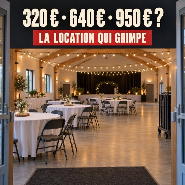 Salle de réception avec tables rondes blanches, chaises noires, guirlandes lumineuses et sol en bois.
