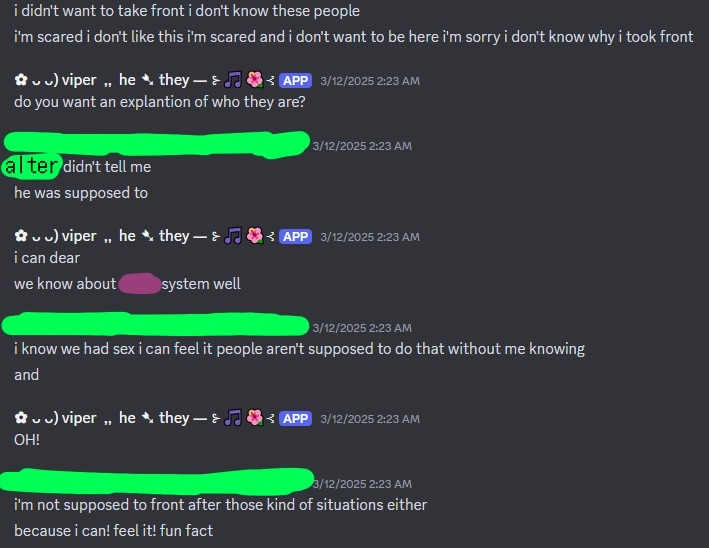 screenshot of an alter from "n"'s system freaking out about them, mel, and "a" having sex on call. this is how i found out that they were sexually involved