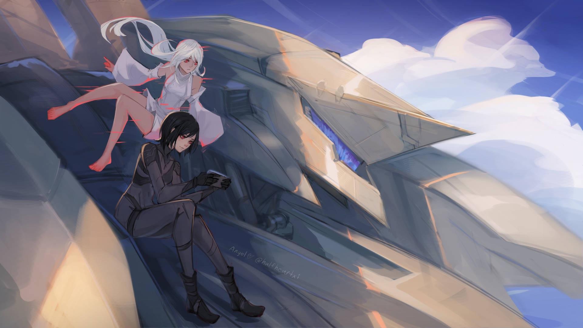 A photo of Ayre and Raven on the shoulder of an AC, both are anime-girls, ayre wears a white dress, raven a black bodysuit