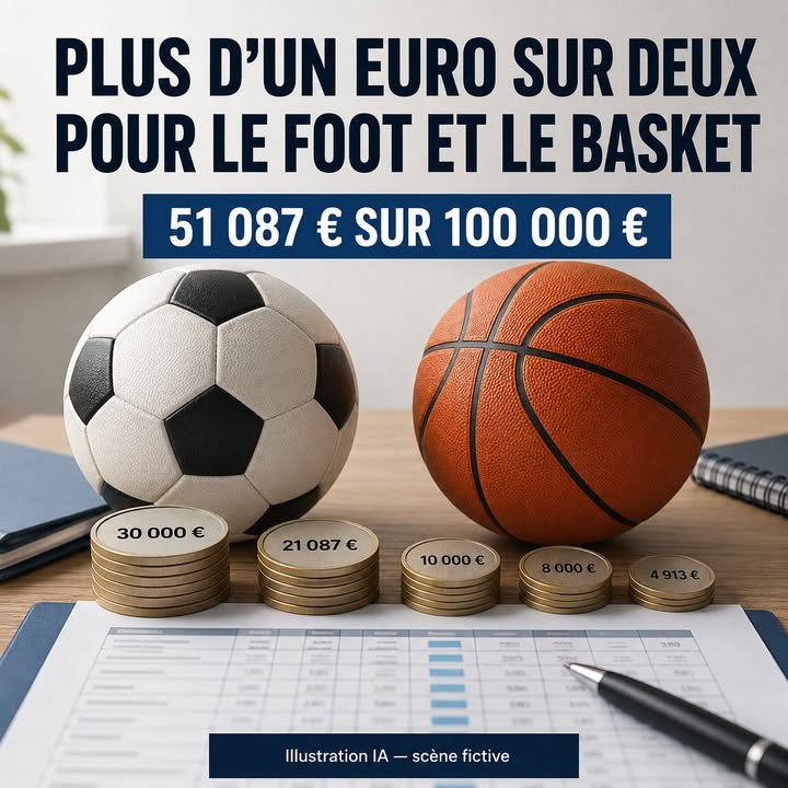 Ballon de football et de basket posés sur une table avec des piles de pièces et un tableau.