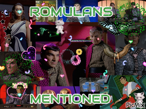 A collage of several pictures of Romulans with several glitter gifs overlayed, text that says Romulans Mentioned.