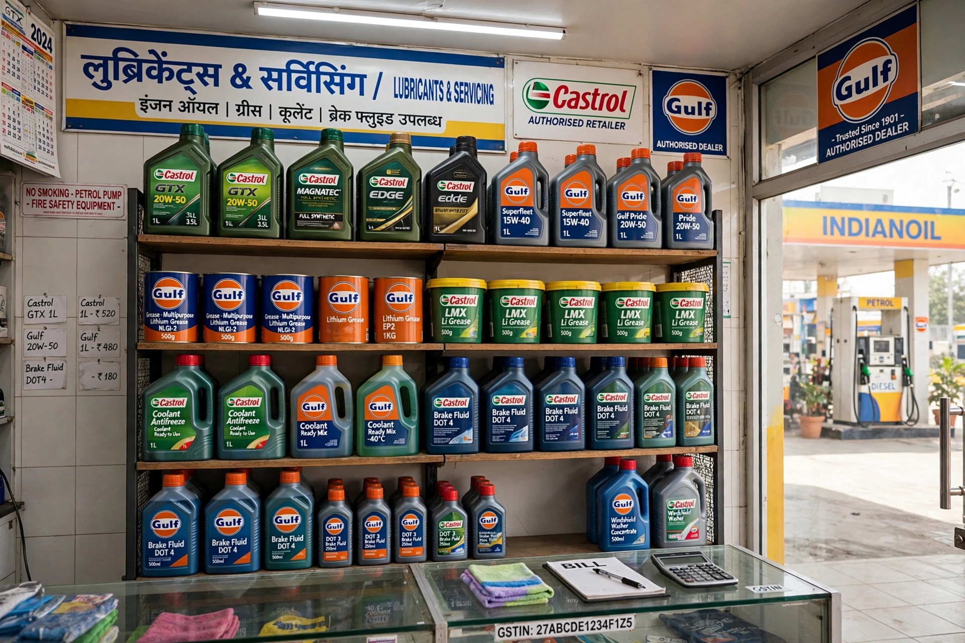 Lubricants shelf with engine oils and greases at Tatya Petroleum Ahmedpur