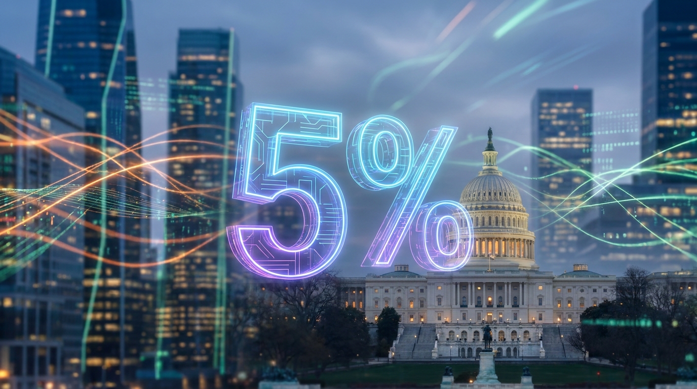 Symbolic image of a 5% share, digital data, and the US Capitol, representing the OpenAI government stake proposal.