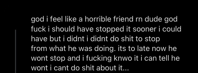her "feeling bad" for not doing anything about said predator, and claiming that there's nothing she can do at this point...... even though there very much was. she had refused to contact authorities on them
