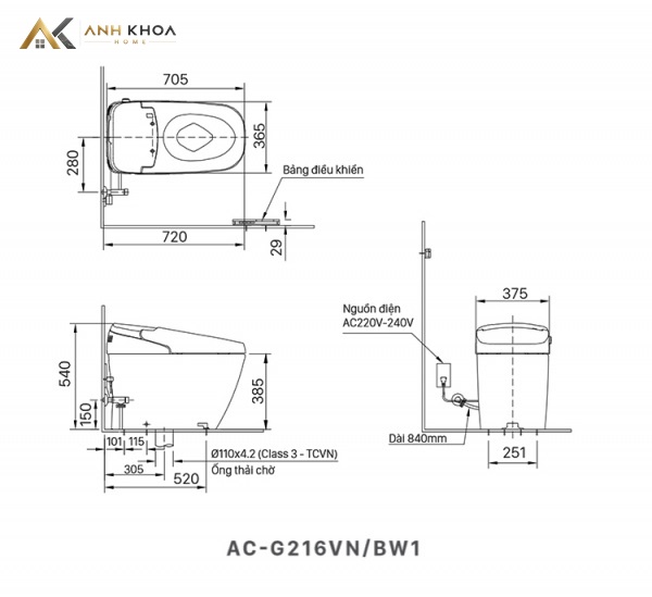 Bản vẽ kỹ thuật bồn cầu thông minh Inax AC-G216VN